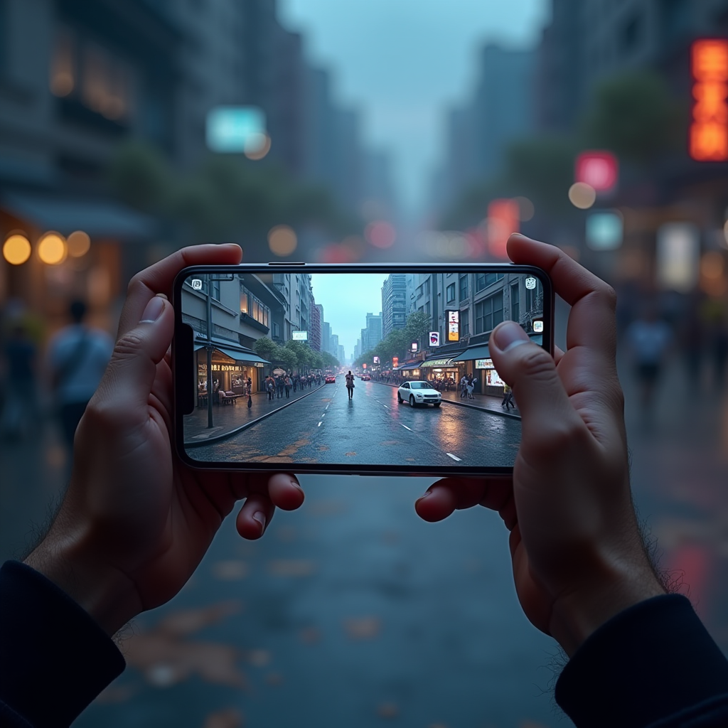 Augmented reality mobile gaming experience showing player interacting with virtual game elements overlaid on real-world environment through smartphone screen