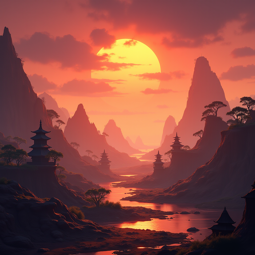 Genshin Impact 5.3 update banner showcasing the new Natlan regions with volcanic landscapes, ancient tribal structures, and vibrant sunset sky with floating islands in the background