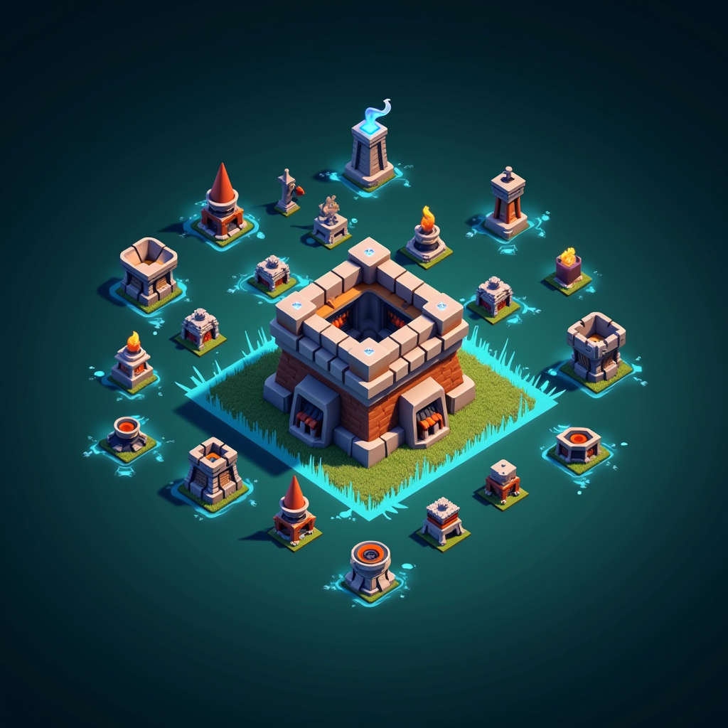 Leaked concept art showing Town Hall 17 structure with new defensive towers and hero equipment icons scattered around a dark teal background with electric blue accents, featuring the Clash of Clans logo