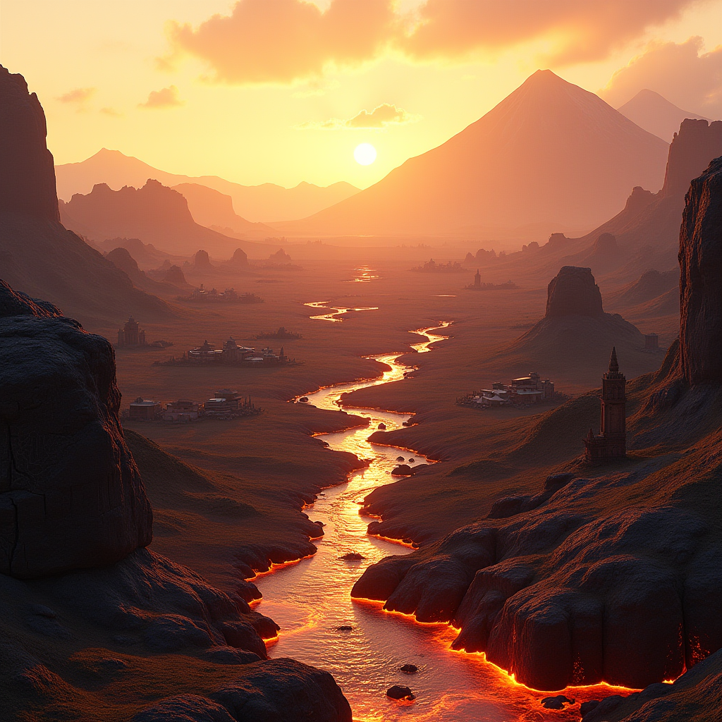 Expansive view of the new Volcanic Highlands region in Natlan featuring flowing lava rivers, ancient stone ruins covered in tribal carvings, scattered settlements with distinctive architecture, and dramatic volcanic peaks in the distance under an orange-tinted sky