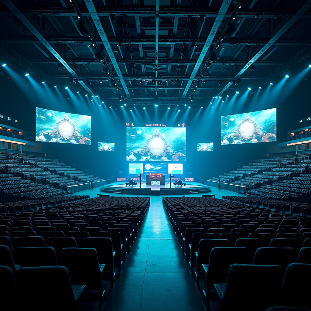 Interior view of Dubai World Trade Centre converted into a massive esports arena with tiered seating arrangements, professional gaming stations on stage, enormous LED display walls, and atmospheric teal and blue lighting throughout the venue