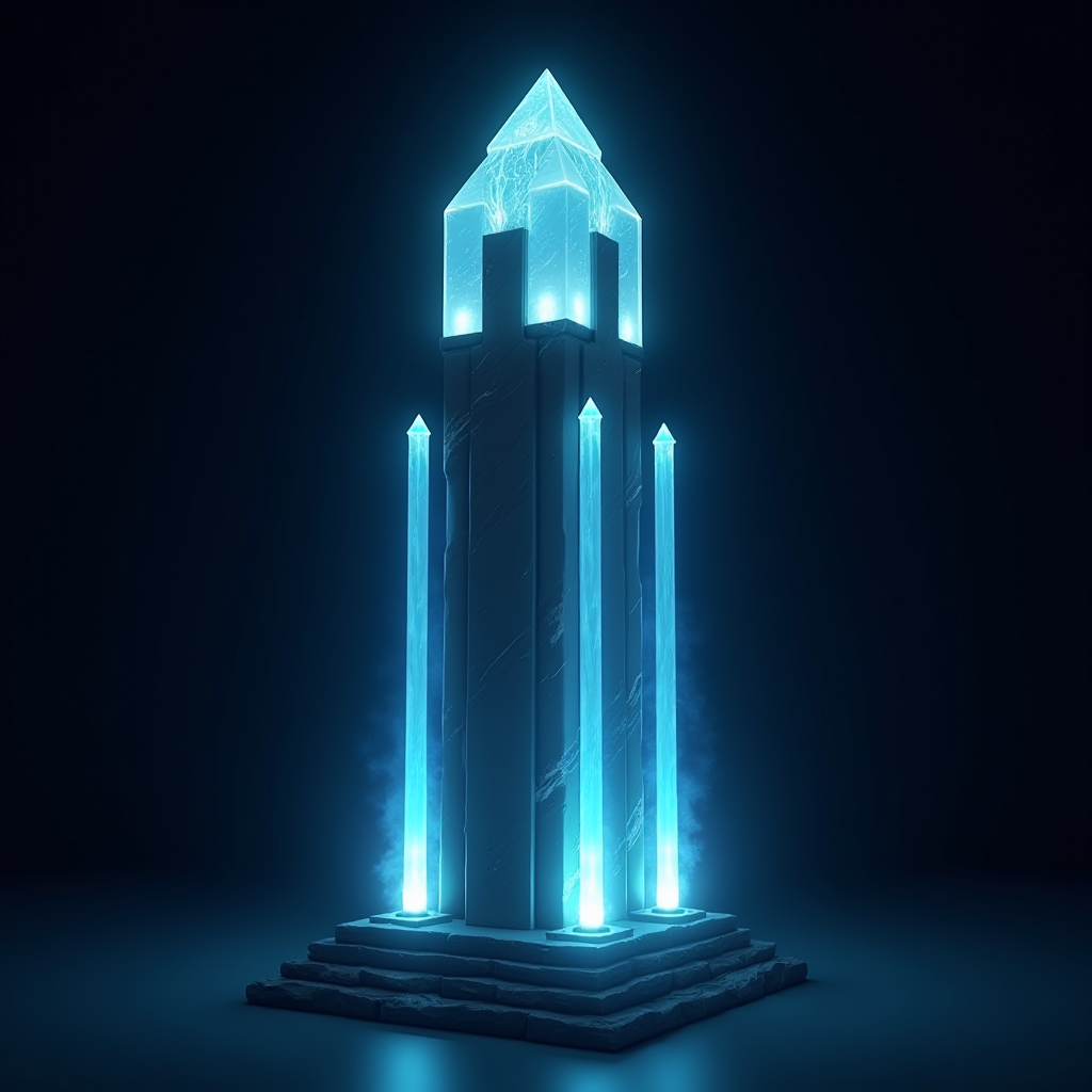 3D rendered model of the leaked Prism Tower defense building showing a crystalline structure with multiple beam emitters, glowing with electric blue energy against a dark background
