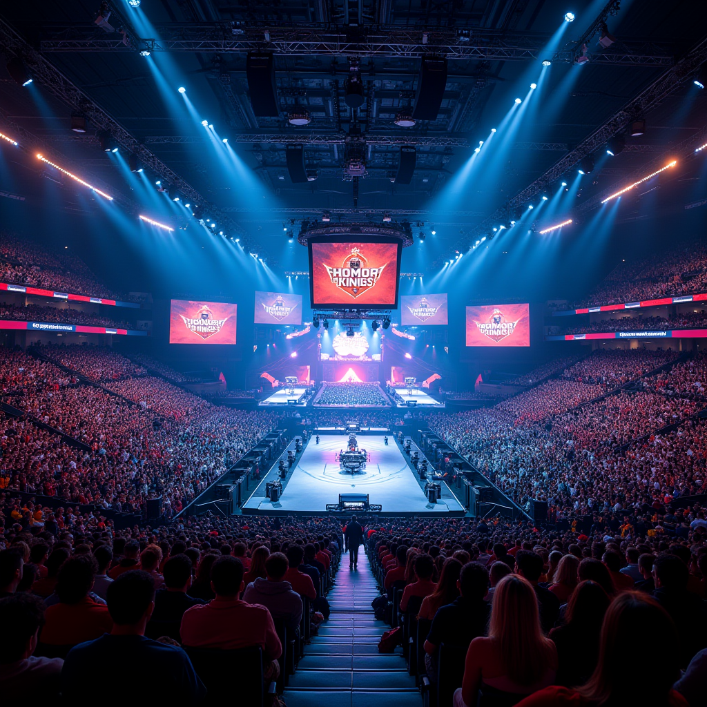 Massive esports arena filled with thousands of fans watching Honor of Kings International Championship on giant screens, professional players competing on stage with dramatic lighting and production setup