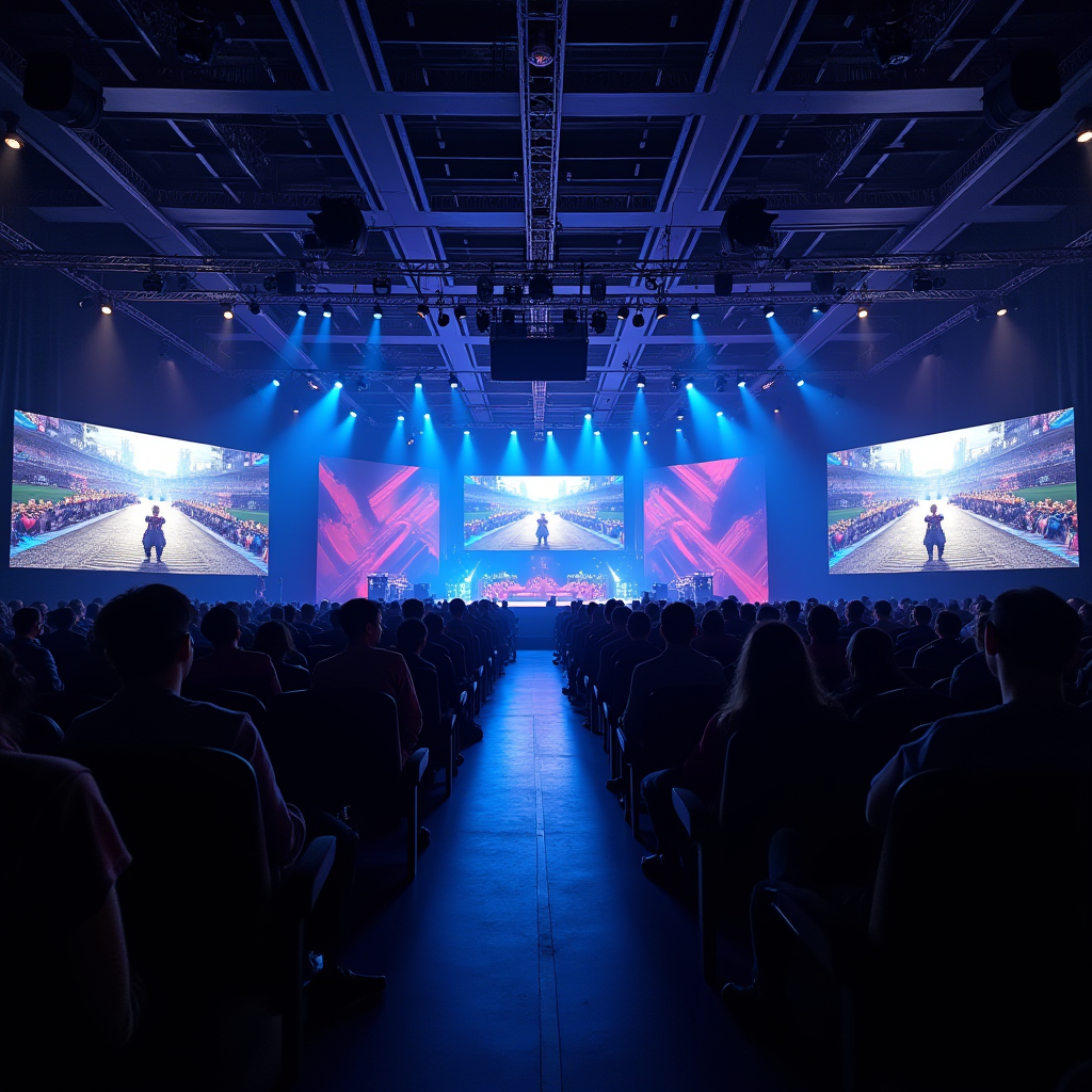 Professional mobile gaming tournament arena with large screens showing competitive gameplay, audience seating, and stage lighting with players competing