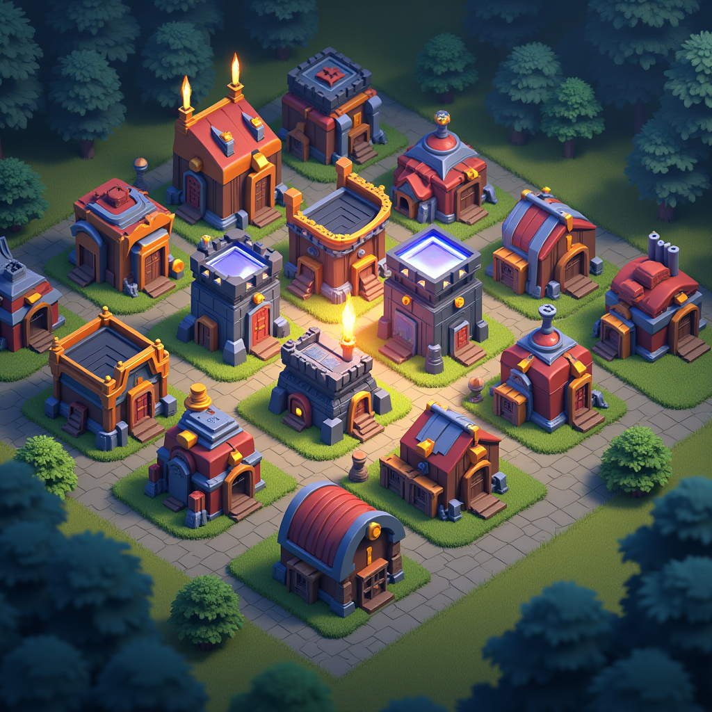 Clash of Clans leaked Town Hall 17 concept art showing futuristic defense buildings, new hero equipment designs, and mysterious datamined assets with glowing effects and strategic layout