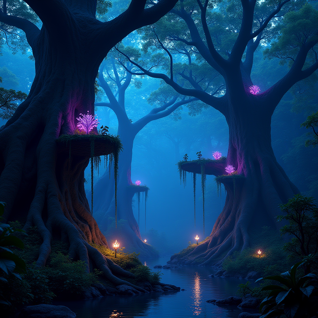 Mystical Twilight Canopy forest scene featuring massive ancient trees with glowing bioluminescent plants, floating luminescent spores, ethereal blue and purple lighting, vine bridges connecting tree platforms, and mysterious ruins partially covered by vegetation