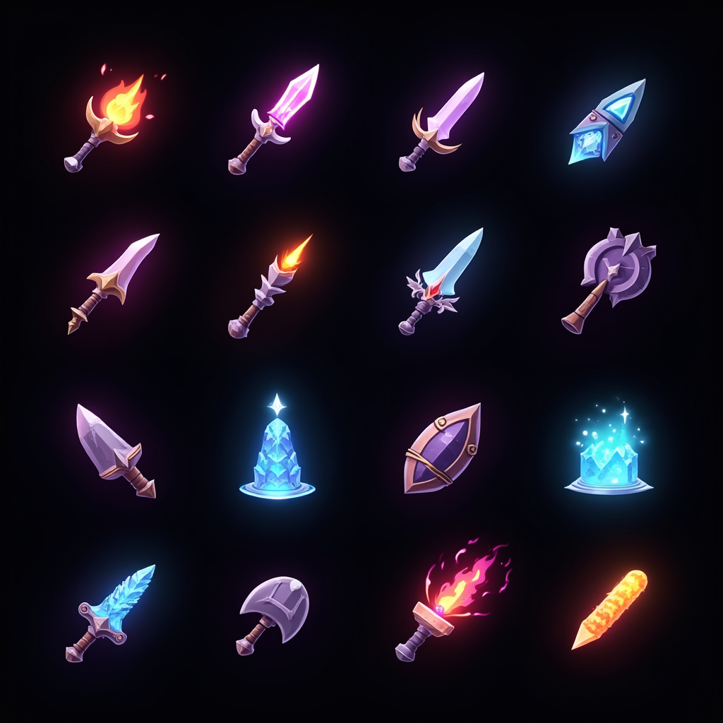 Grid display of 12 new hero equipment icons including weapons, armor pieces, and magical artifacts, each glowing with distinctive colors against a dark interface background