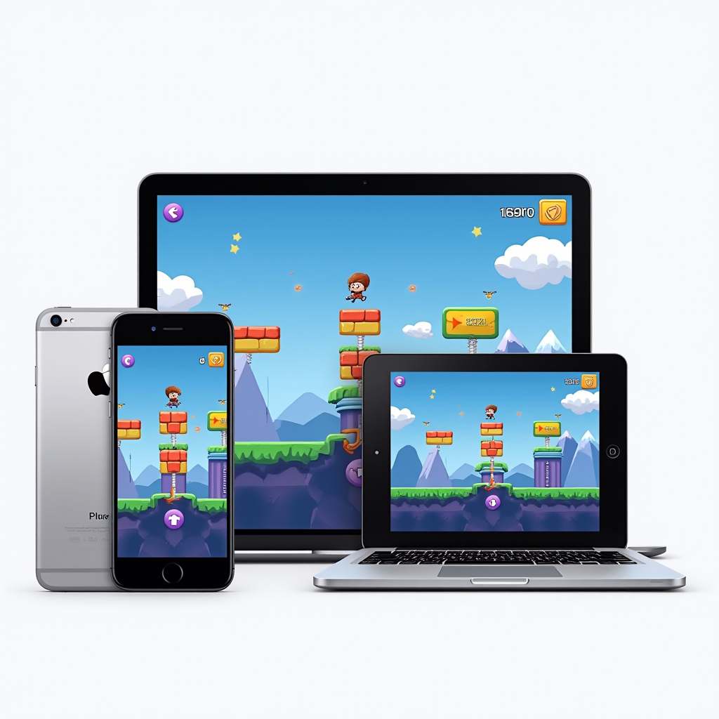 Split-screen image showing the same puzzle platformer game running simultaneously on an iPhone, iPad, and MacBook, demonstrating synchronized gameplay with a character jumping across colorful platforms, with progress indicators showing the same level and achievements across all three devices