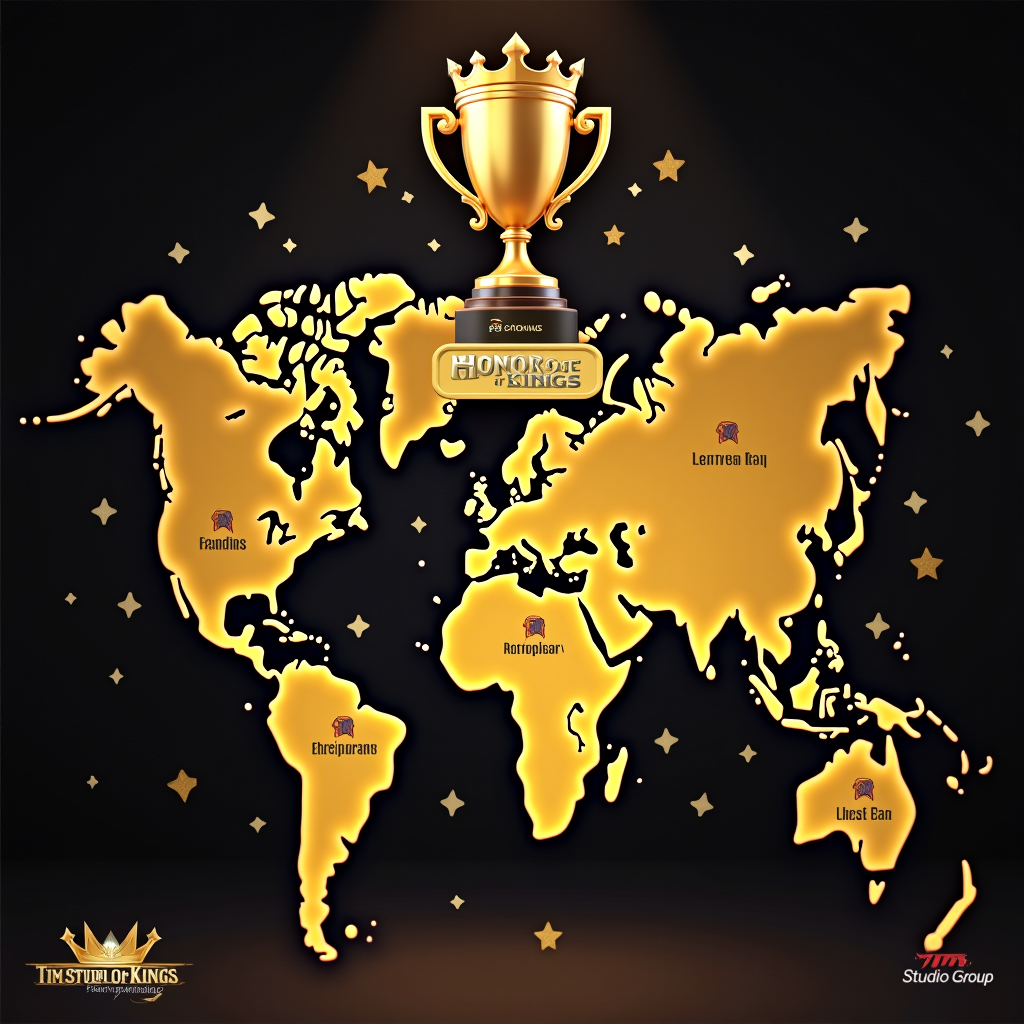 Honor of Kings 100 million downloads celebration graphic with golden trophy, world map highlighting Southeast Asia, Latin America and Middle East regions, popular streamers celebrating, and TiMi Studio Group logo
