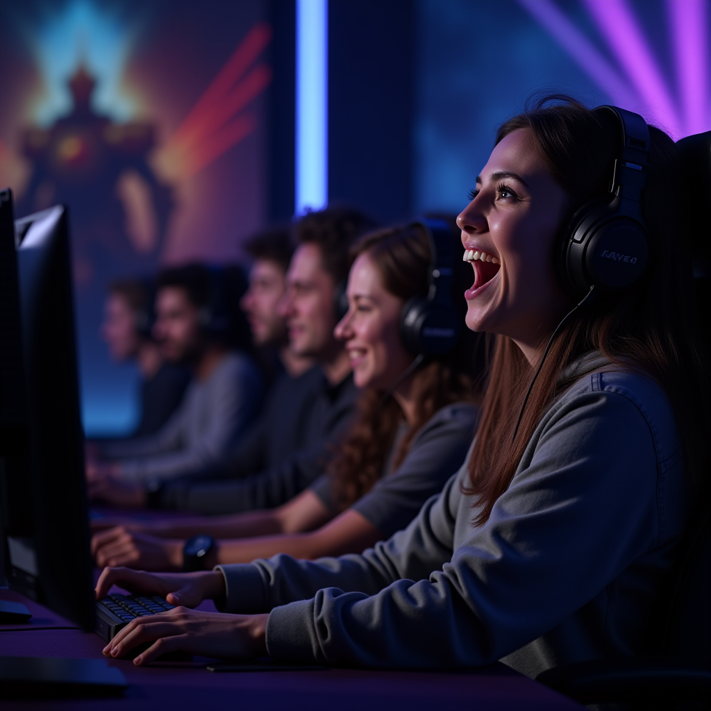 Popular gaming streamers from different countries participating in Honor of Kings charity tournament, showing multiple camera angles of streamers reacting enthusiastically while playing, with donation counters and chat interactions visible