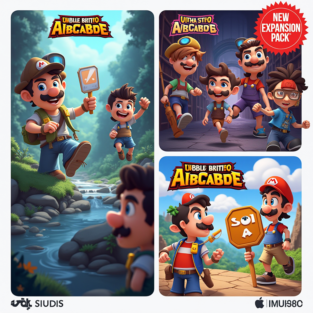 Collage showing three existing Apple Arcade games receiving major updates, featuring new characters, environments, and gameplay modes, with 'Expansion Pack' badges and visual comparisons between original and new content