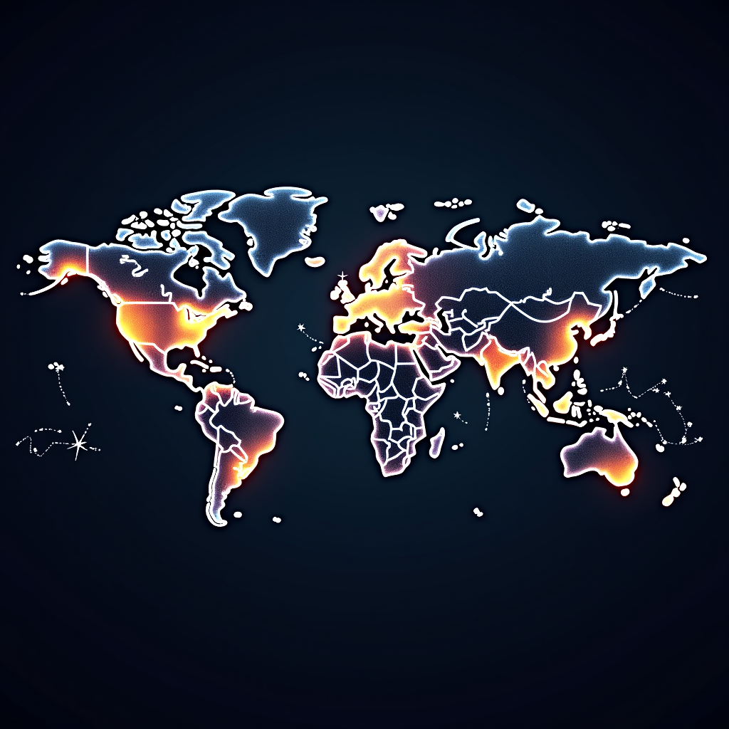 Digital world map showing Honor of Kings global server network with glowing connection lines between major cities, data centers marked with pulsing icons, and real-time player statistics displayed for different regions