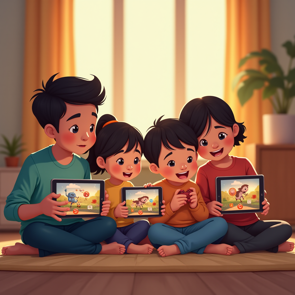 Illustration showing a family of four using different Apple devices to play games together, with UI elements displaying individual profiles, shared achievements, and parental controls, set against a warm, inviting home environment