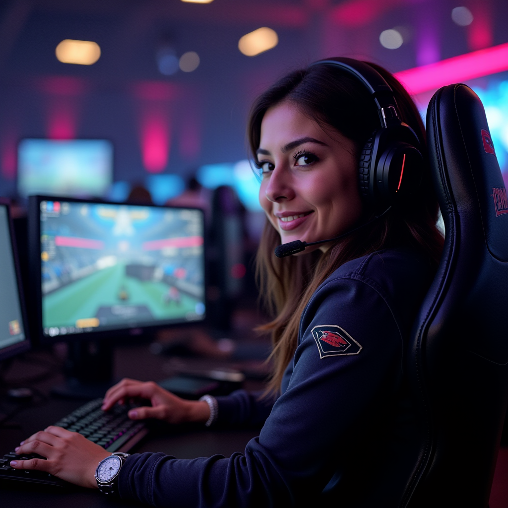 Elena Rodriguez, Esports Correspondent for MobileGameInsider, professional photo showing a gaming journalist at an esports tournament venue
