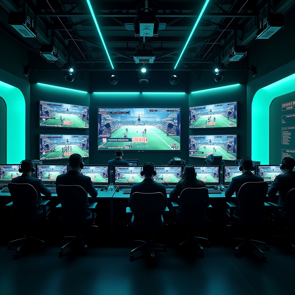 Professional esports broadcast control room with rows of monitors displaying multiple game perspectives, player cameras, statistics overlays, and production crew members coordinating the live stream, featuring modern equipment and teal accent lighting