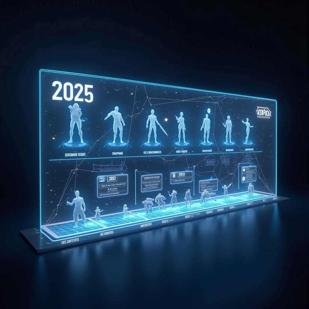 Futuristic holographic display showing Honor of Kings 2025 content roadmap with upcoming hero silhouettes, new game modes, map updates, and seasonal events timeline with glowing interactive elements