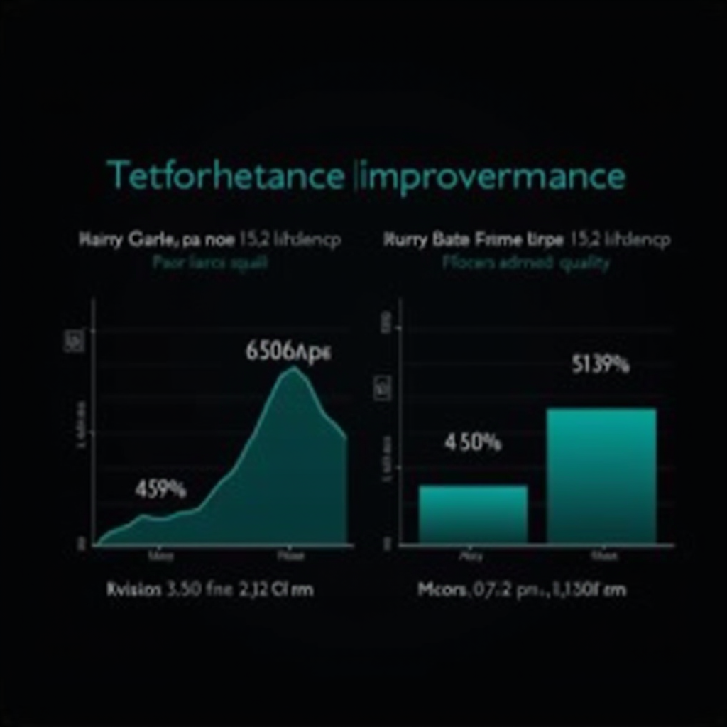 Infographic displaying performance improvements with before-and-after comparison charts showing reduced load times, increased frame rates, and improved battery efficiency, featuring sleek graphs and technical specifications on a dark background with teal accents