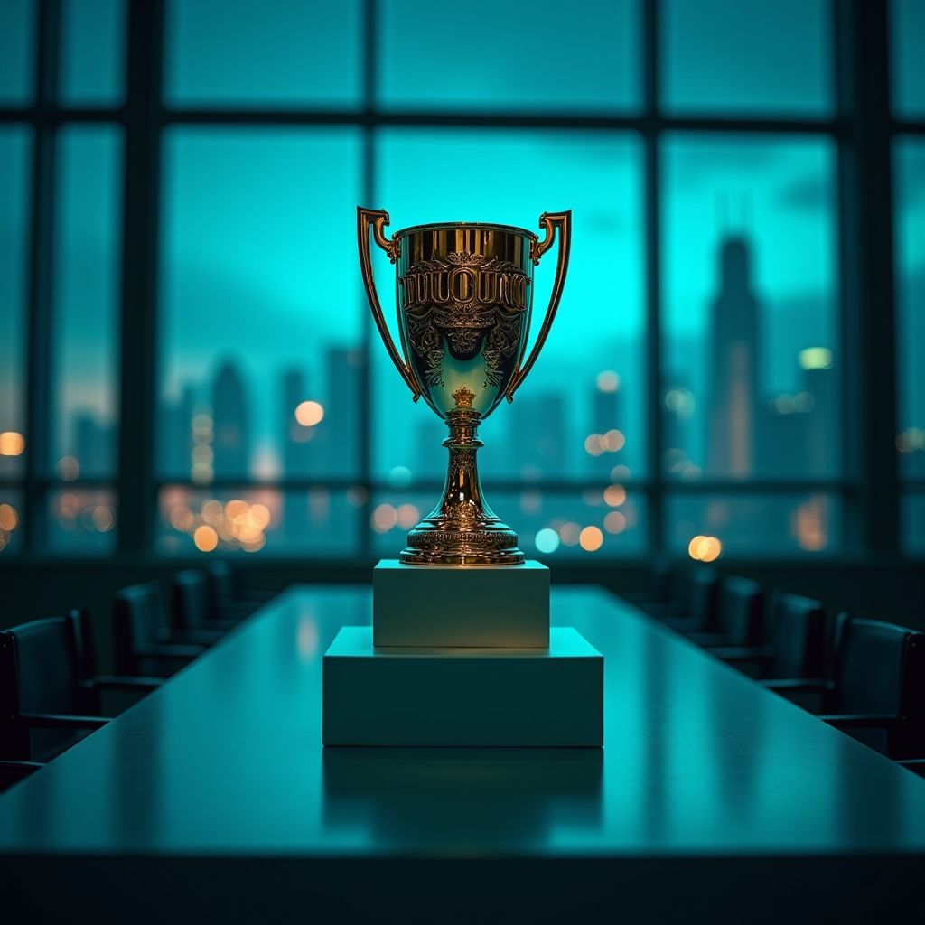 The PUBG Mobile Global Championship trophy prominently displayed on a pedestal with dramatic teal and cyan lighting effects, Dubai's iconic skyline visible through windows in the background, creating an epic and prestigious atmosphere