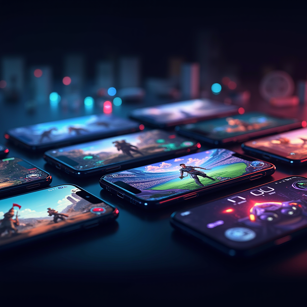 Wide banner showing various aspects of mobile gaming coverage including smartphone screens with different games, tournament footage, developer interviews, and news articles