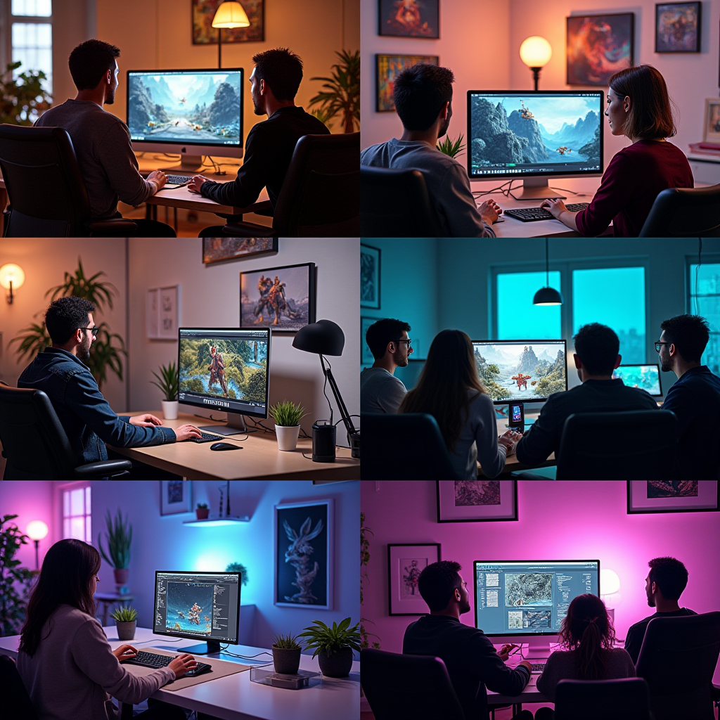 Collage featuring indie game developers working on Apple Arcade titles, showing diverse teams in creative studio environments with computers displaying game development software, concept art on walls, and collaborative work sessions