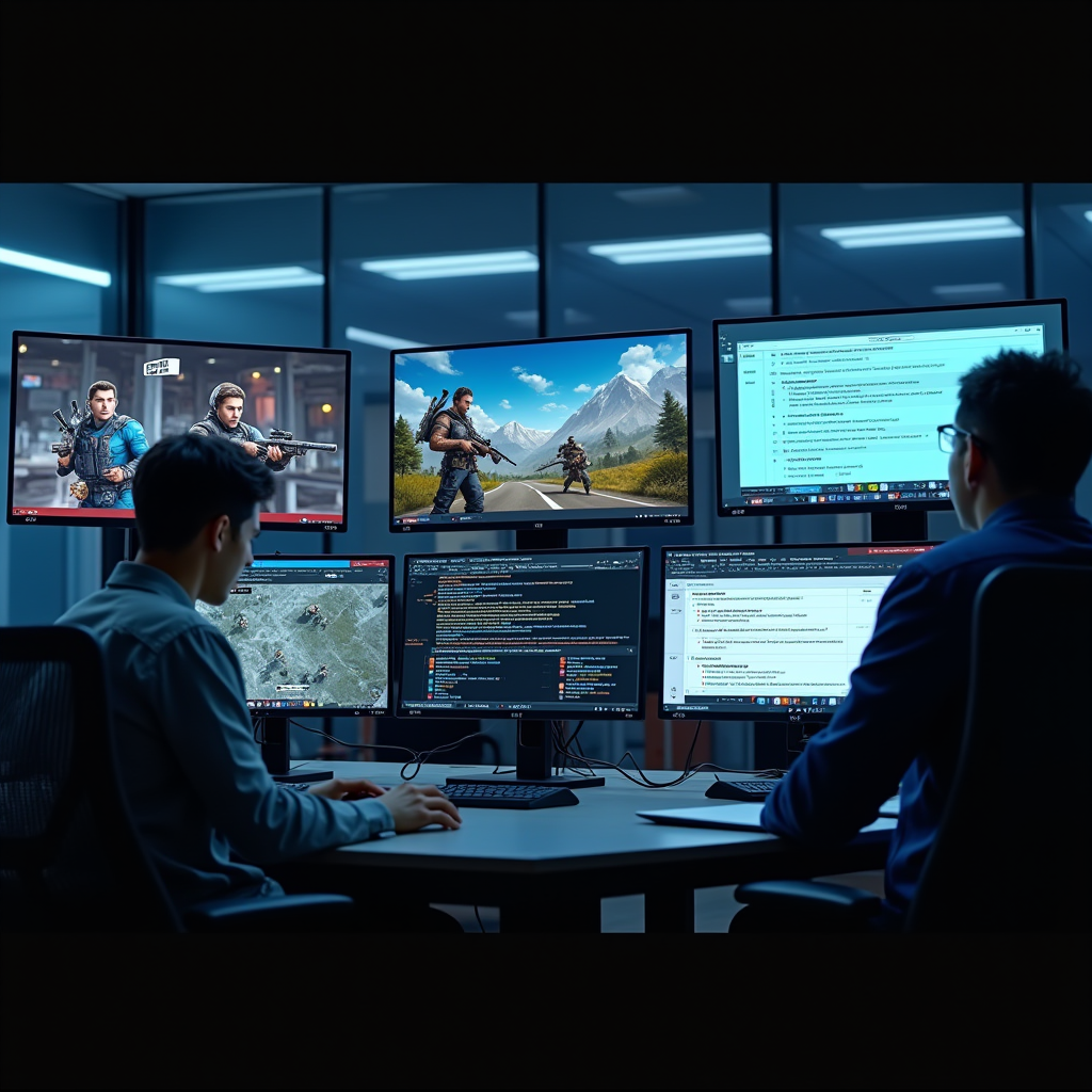 Professional newsroom environment showing journalists working at computers with multiple monitors displaying mobile gaming content, fact-checking documents, and editorial guidelines